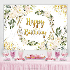 Lofaris Floral With Golden Circle Dots Happy Birthday Backdrop