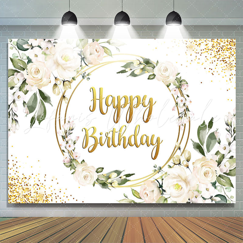 Lofaris Floral With Golden Circle Dots Happy Birthday Backdrop