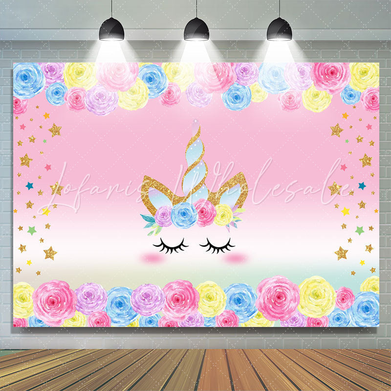 Lofaris Florals and Golden Stars Unicorn Backdrop for Kids