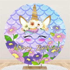 Lofaris Flower And Cute Unicorn Circle Happy Birthday Backdrop