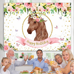 Lofaris Flowers roses butterfly horse happy birthday Backdrop