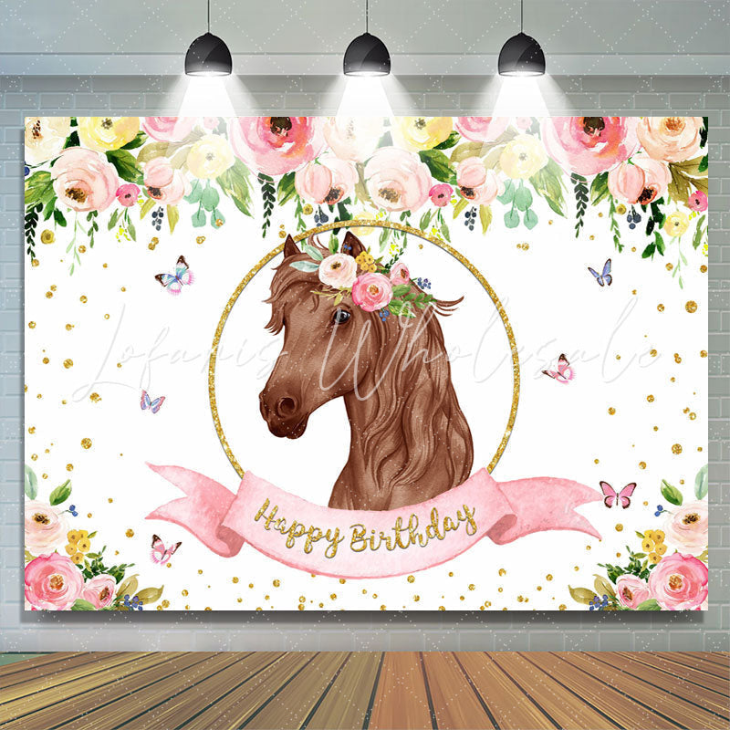 Lofaris Flowers roses butterfly horse happy birthday Backdrop