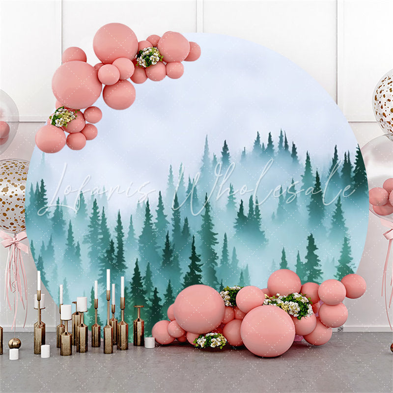 Lofaris Foggy Forest Pine Tree Round Birthday Party Backdrop