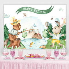 Lofaris Forest Bear And Rabbit White Happy Birthday Backdrop