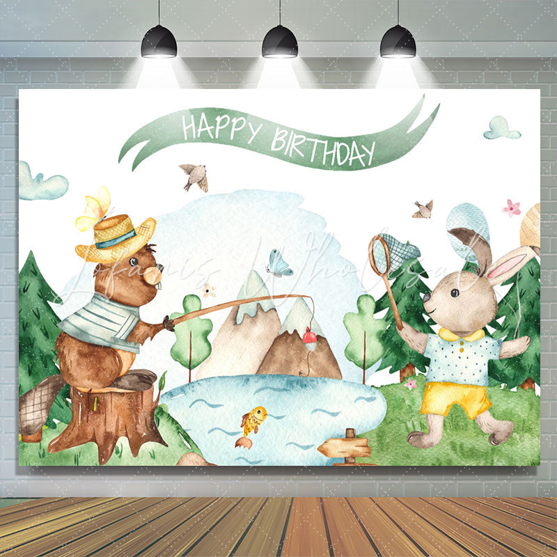 Lofaris Forest Bear And Rabbit White Happy Birthday Backdrop