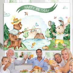 Lofaris Forest Bear And Rabbit White Happy Birthday Backdrop