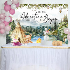 Lofaris Forest Mountain Tent Teddy Bear Baby Shower Backdrop