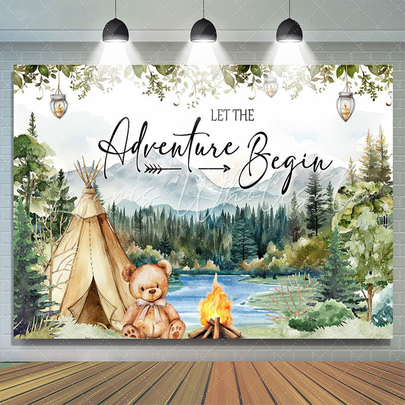 Lofaris Forest Mountain Tent Teddy Bear Baby Shower Backdrop