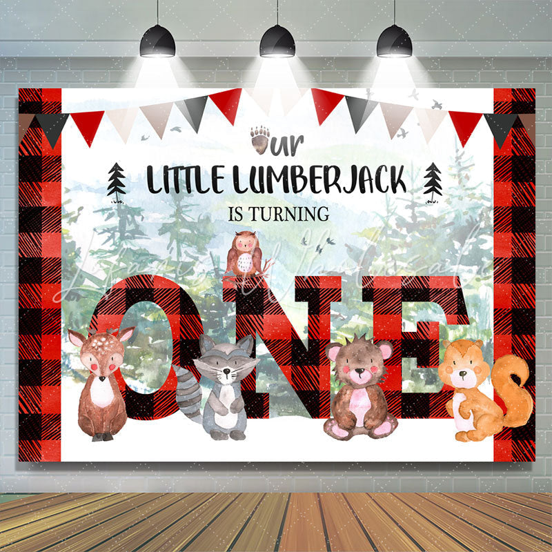 Lofaris Forest Red and Black Stripe Happy 1St Birthday Backdrop