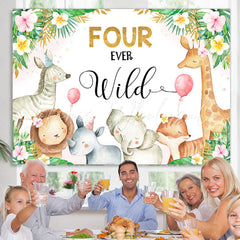 Lofaris Four Ever Wild Animals Pink Floral 4th Birthday Backdrop for Girls