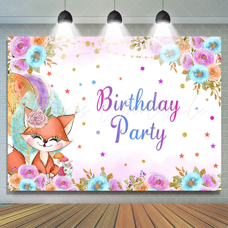 Lofaris Fox Floral Stars Glitter Girl Birthday Backdrop