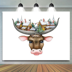 Lofaris Funny Cow Head Snowtown White Birthday Backdrop