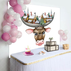 Lofaris Funny Cow Head Snowtown White Birthday Backdrop