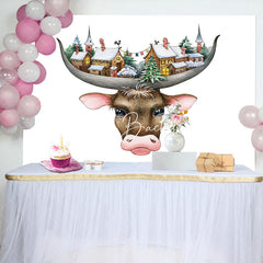 Lofaris Funny Cow Head Snowtown White Birthday Backdrop