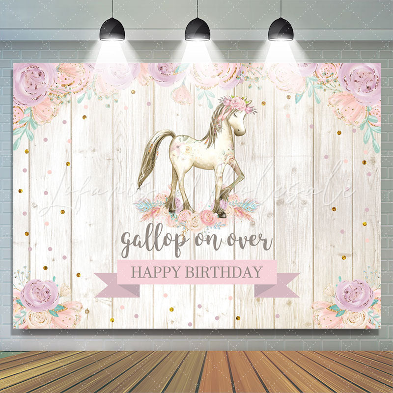 Lofaris Gallop On Over Floral Wooden Horse Birthday Backdrop