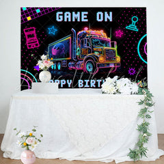 Lofaris Game On Neon Truck Cyberpunk Happy Birthday Backdrop