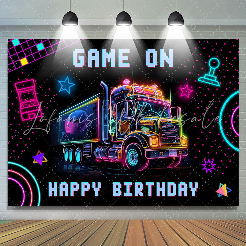 Lofaris Game On Neon Truck Cyberpunk Happy Birthday Backdrop