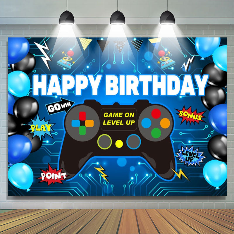 Lofaris Gamepad Blue Black Balloon Happy Birthday Backdrop