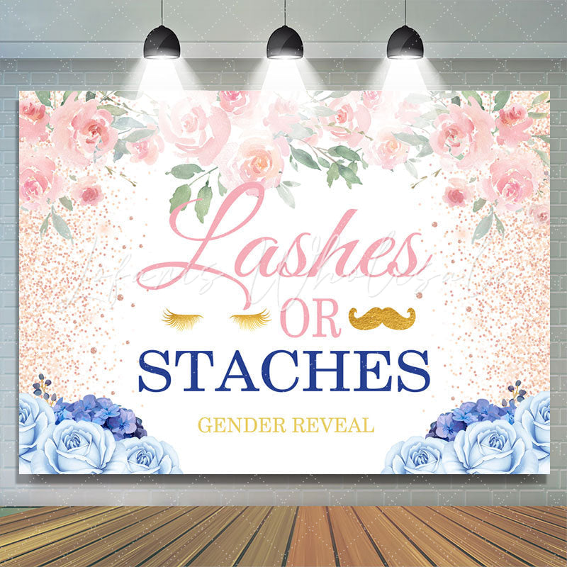 Lofaris Lashes Or Staches Blue Floral Backdrop for Baby Shower