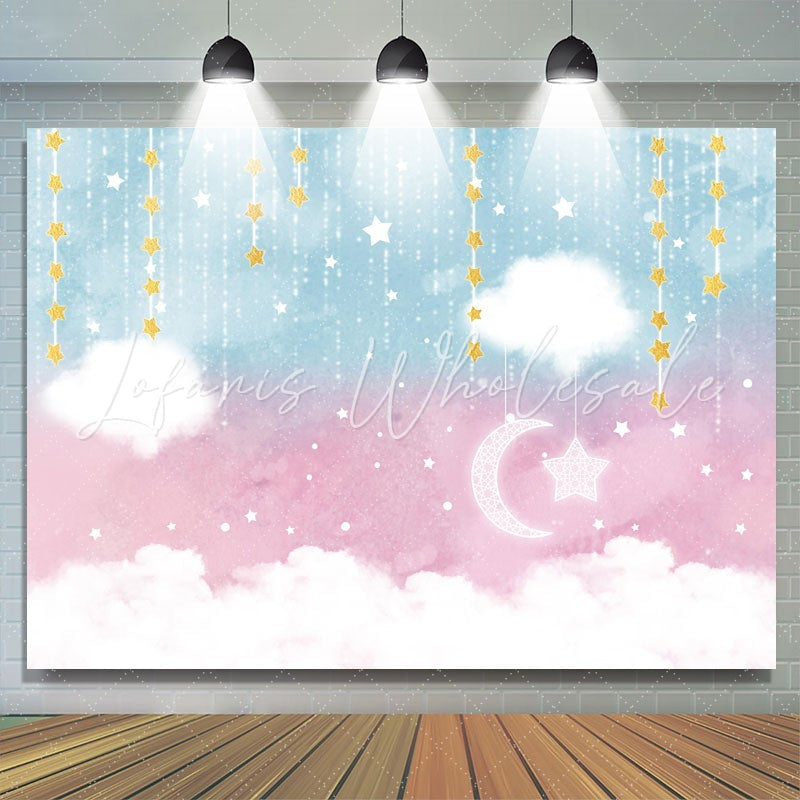 Lofaris Pink Star Moon Clouds Party Baby Shower Backdrop