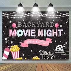 Lofaris Glitter Backyard Movie Night Happy Birthday Backdrop