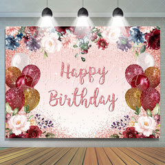 Lofaris Glitter Balloons And Floral Happy Birthday Backdrop