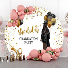 Lofaris Glitter Black Gold She Did It Grad Round Backdrop