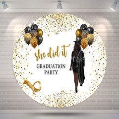 Lofaris Glitter Black Gold She Did It Grad Round Backdrop