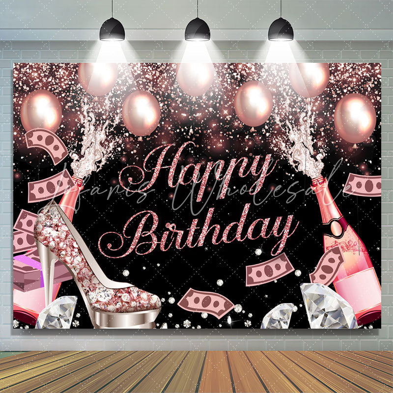 Lofaris Glitter Bokeh Champagne And Balloon Birthday Backdrop