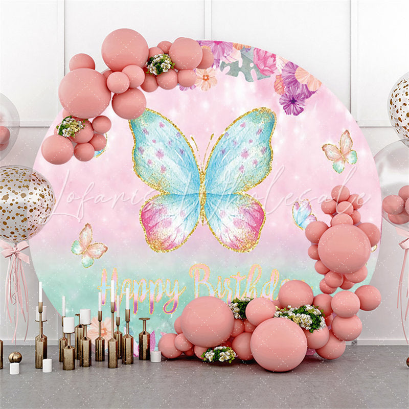 Lofaris Glitter Cute Butterfly Happy Birthday Round Backdrop