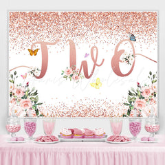 Lofaris Glitter Floral Butterfly Happy 2Nd Birthday Backdrop