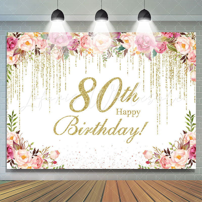 Lofaris Glitter Floral Happy 80th Birthday Party Backdrop