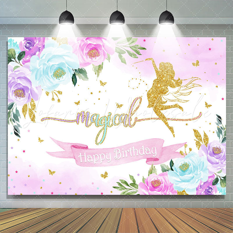 Lofaris Glitter Floral Magical Fairy Happy Birthday Backdrop