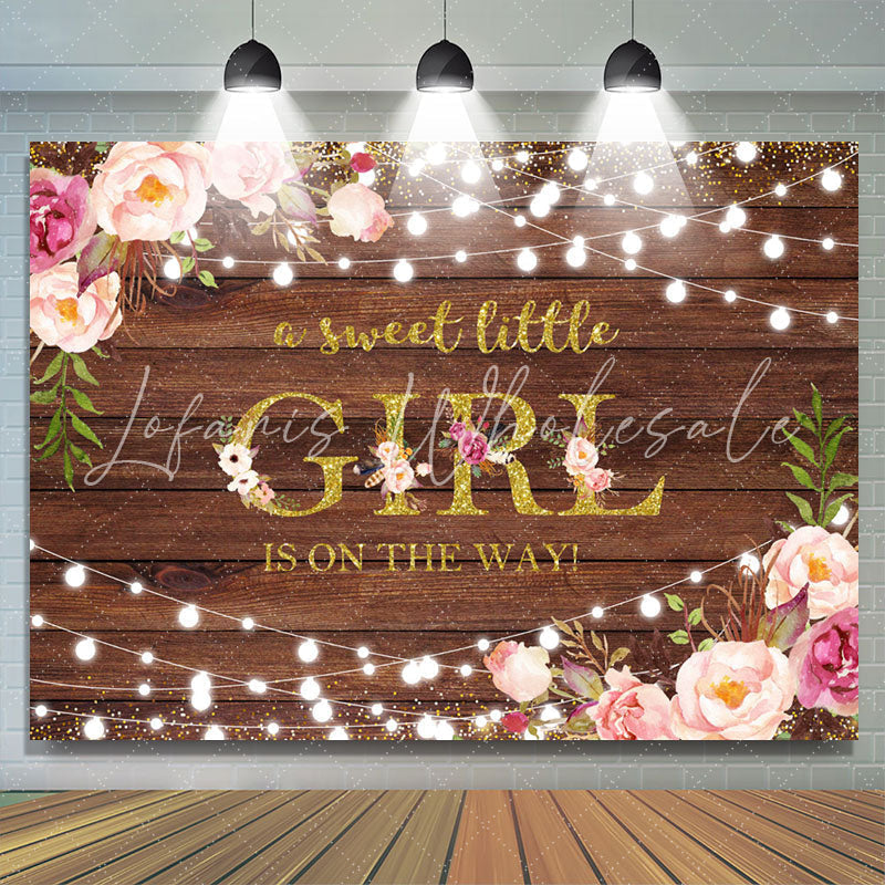 Lofaris Glitter Floral Wooden Baby Shower Backdrop For Girl