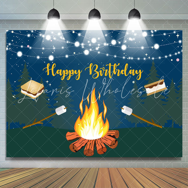 Lofaris Glitter Forest Night With Bbq Happy Birthday Backdrop