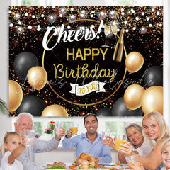 Lofaris Glitter Golden And Black Cheers Happy Birthday Backdrop