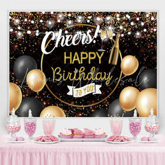 Lofaris Glitter Golden And Black Cheers Happy Birthday Backdrop