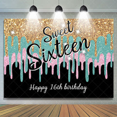 Lofaris Glitter Golden Blue Pink Sweet 16 Birthday Backdrop