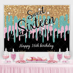 Lofaris Glitter Golden Blue Pink Sweet 16 Birthday Backdrop