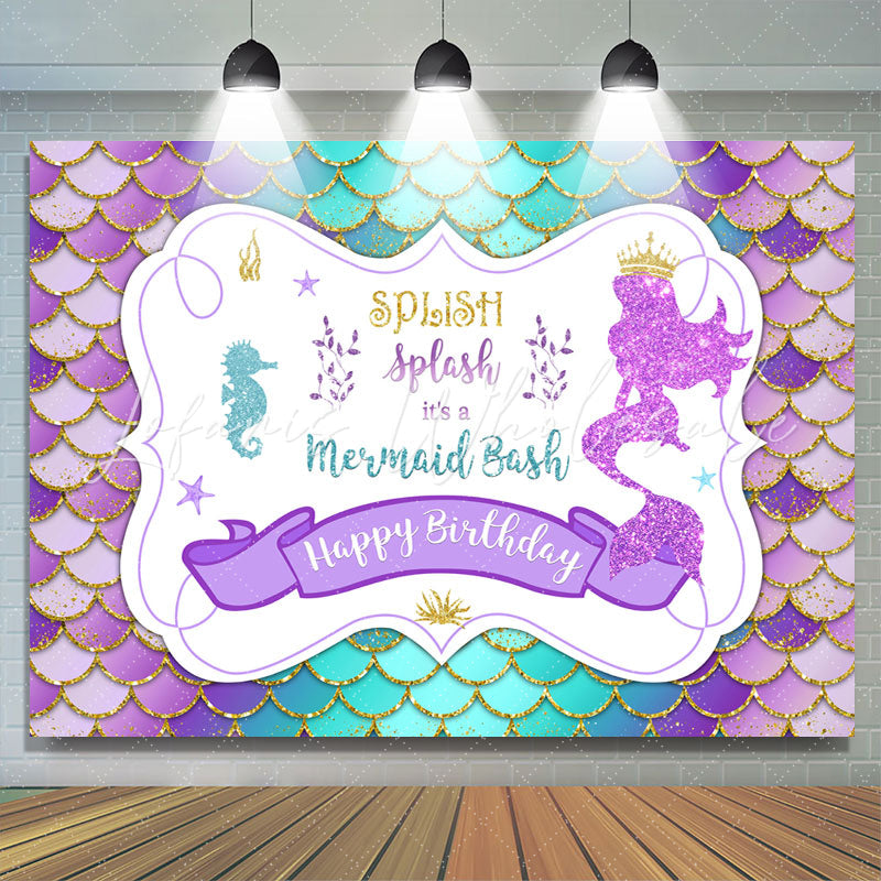 Lofaris Glitter Ocean and Little Mermaid Happy Birthday Backdrop