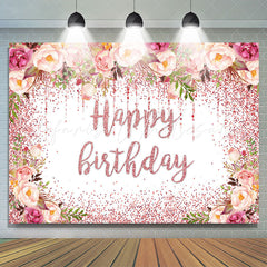 Lofaris Glitter Pink Floral Happy Birthday Backdrop For Girl