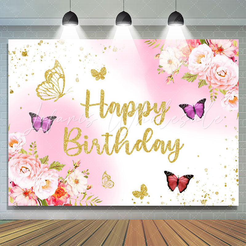 Lofaris Glitter Pink Golden Floral Butterfly Birthday Backdrop