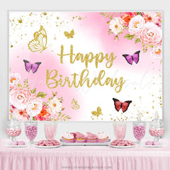 Lofaris Glitter Pink Golden Floral Butterfly Birthday Backdrop