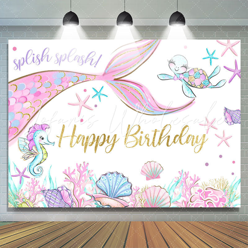 Lofaris Glitter Pink Mermaid In The Sea Happy Birthday Backdrop