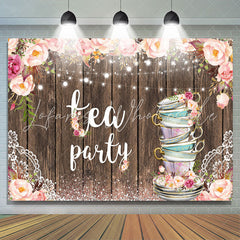 Lofaris Glitter Pink Tea Party Floral Happy Birthday Backdrop