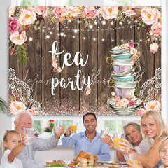 Lofaris Glitter Pink Tea Party Floral Happy Birthday Backdrop