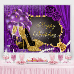 Lofaris Glitter Purple And High Heels Happy Birthday Backdrop