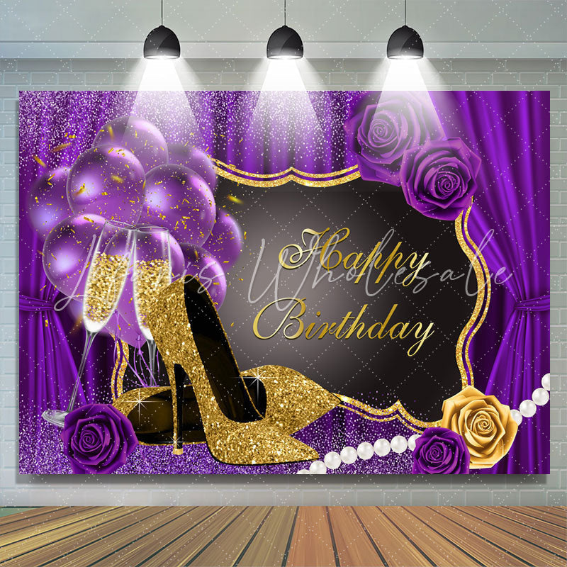 Lofaris Glitter Purple And High Heels Happy Birthday Backdrop