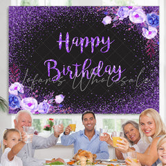 Lofaris Glitter Purple Flowers Black Happy Birthday Backdrop