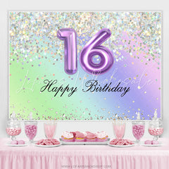 Lofaris Glitter Purple Happy 16Th Birthday Backdrop For Girl